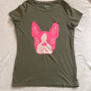 Cat & Jack Girls Olive Green Pink French Bulldog Graphic Tee XL 14/16